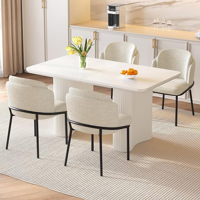 Dining Table Set for 4, 55.11" Rectangular Kitchen Table with 4 Chairs, 5-Piece Dining Set with Spacious Top & Waved Legs for Kitchen, Living Room, Home, Apartment, White