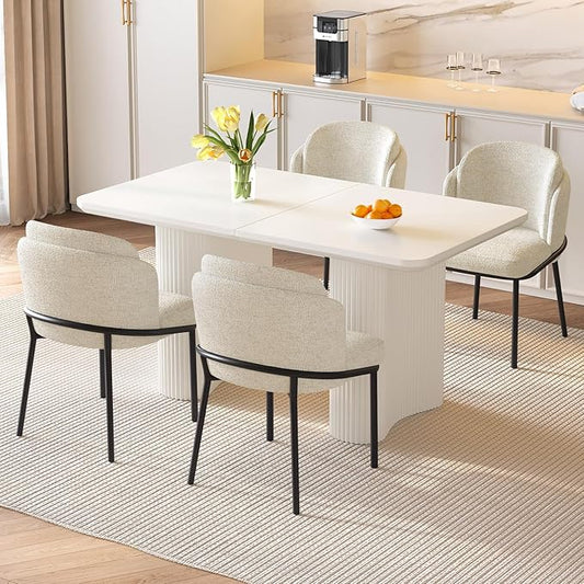 Dining Table Set for 4, 55.11" Rectangular Kitchen Table with 4 Chairs, 5-Piece Dining Set with Spacious Top & Waved Legs for Kitchen, Living Room, Home, Apartment, White