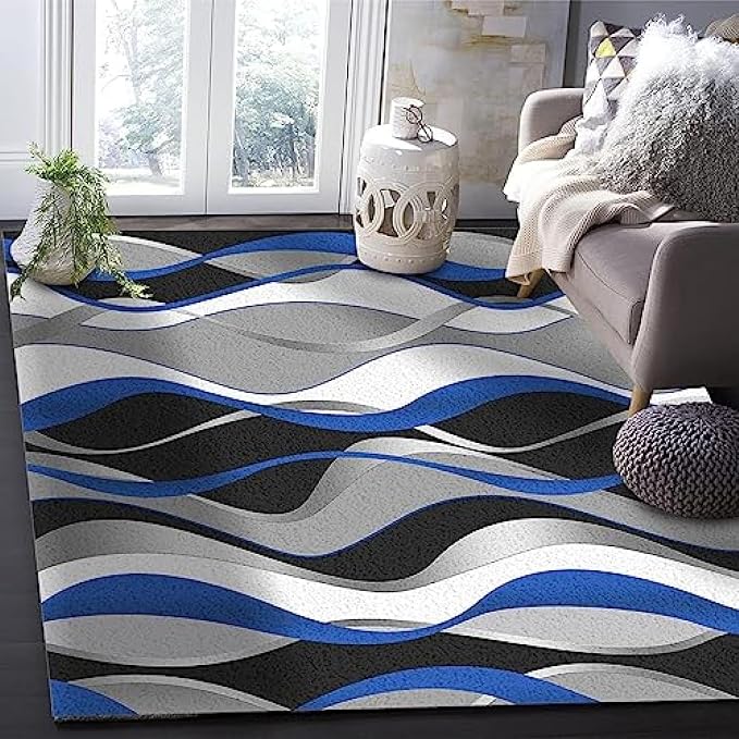 Light Luxury Blue Black White and Gray Wavy Texture Art Indoor Rugs, Modern Nordic Print Area Rug, Non Slip Absorbent Easy Clean Washable Floor Mat for Living Room Bedroom Entryway-4x5ft