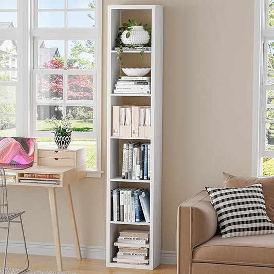 Tall Cube Storage Organizer Bookcase, 6 Tier 11 inch Open Back Cubical Shelf with Thickened Border, Display Bookshelf for Living Room, Home Office, Sturdy Room (White, 6 Cube,Vertical)