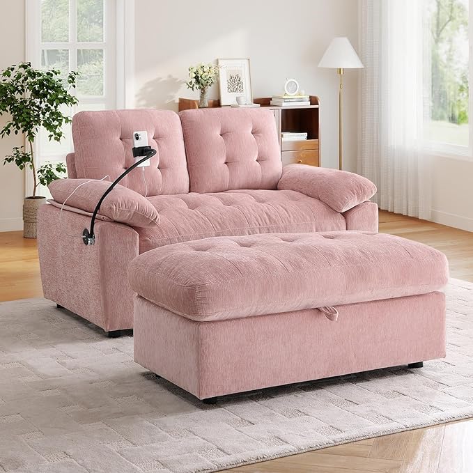 Oversized Chaise Lounge Chair Indoor with Ottoman&Adjustable Backrest,Chenille Tufted Recliner Comfy Loveseat Sofa Chair with USB&Phone Holder,Convertible Sleeper Couch Bed for Living Room(56"W,Pink)