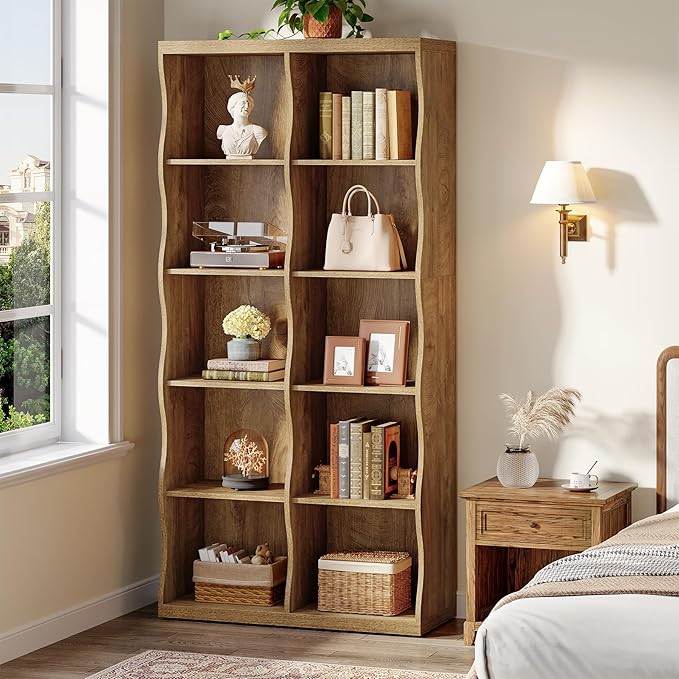 Tribesigns 70.86" Wooden 10 Cubes Bookcase, 5-Tier Tall Floor Standing Bookshelf with Wave-Shaped Design, Rustic Display Storage Organizer with Open Shelves for Living Room, Home Office, Bedroom (1)