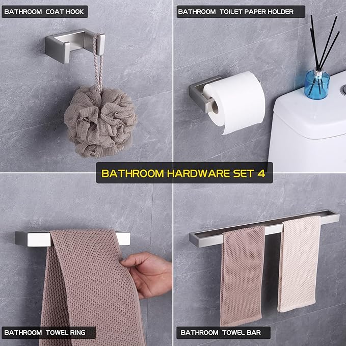 GERZWY Contemporary Stainless Steel Wall Mounted 4-Piece Bathroom Hardware Set - Towel Bar Towel Rings Toilet Paper Holder Towel Hooks, Brushed Finish HG1708-4LS