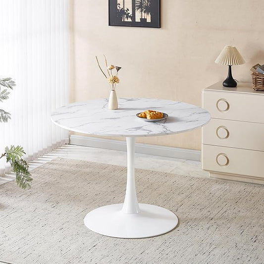 42" Tulip Table for 4-6 Persons Modern Round Dining Table, Mid-Century Modern White Marble Small Kitchen Table with MDF Wooden Top, Leisure Coffee Table for Living Room, Dining Room, Office