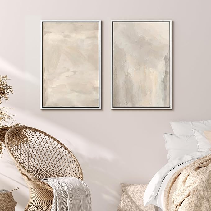MUDECOR Framed Canvas Print Wall Art Abstract Neutral Tones Minimalist Earthy Color Palette Illustrations Modern Art Decorative Chic for Living Room, Bedroom, Office - 16"x24"x2 White