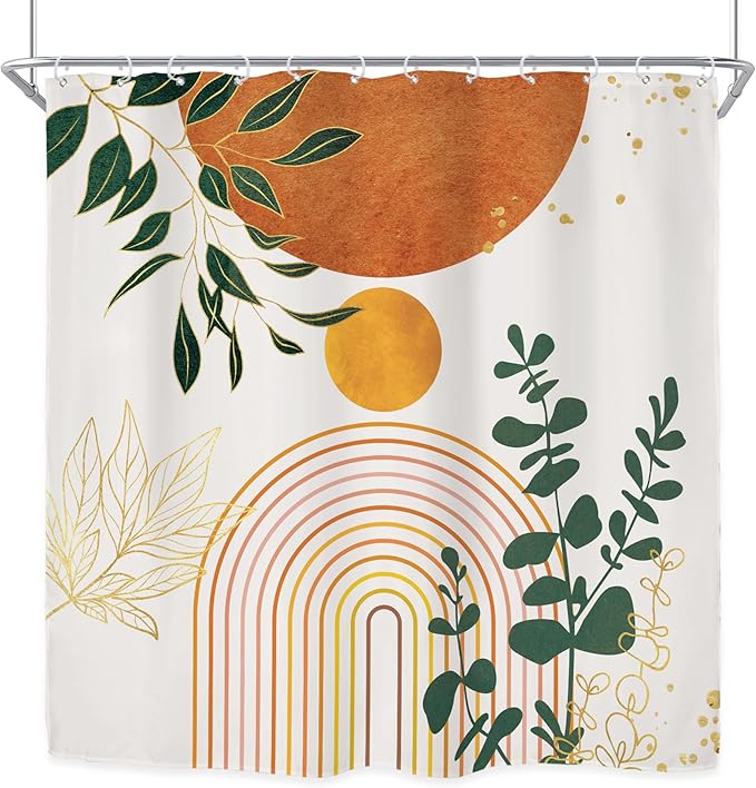 Riyidecor Orange Boho Mid Century Modern Shower Curtain for Bathroom Decor 72Wx72H Abstract Gold Leaves Minimalist Geometric Arch Sun Art Printed Fabric Polyester Waterproof 12 Pack Plastic Hooks