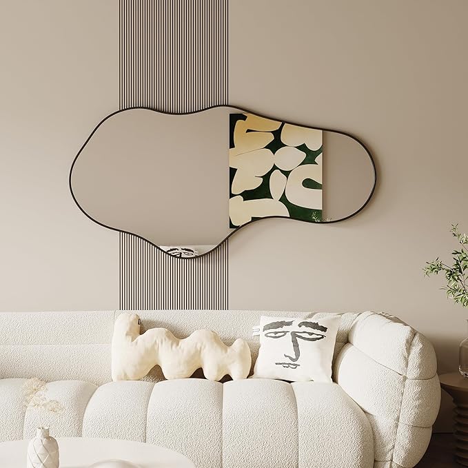 Asymmetrical Wall Mirrors -28''×55'' Irregular Decorative Aluminum Alloy Framed Mirror Artistic Cloud Mirrors Wavy Mirror for Bathroom, Bedroom, Living Room, Cloakroom（Black）