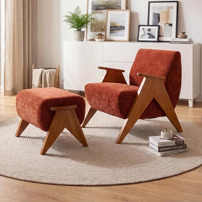 Linen Padded footstools Mid Century Modern Ottoman with Wood Frame, Lounge Upholstered Ottoman, Reading Chair, Sturdy Base, Suitable for Resting Your feet on a Lounge Chair Orange