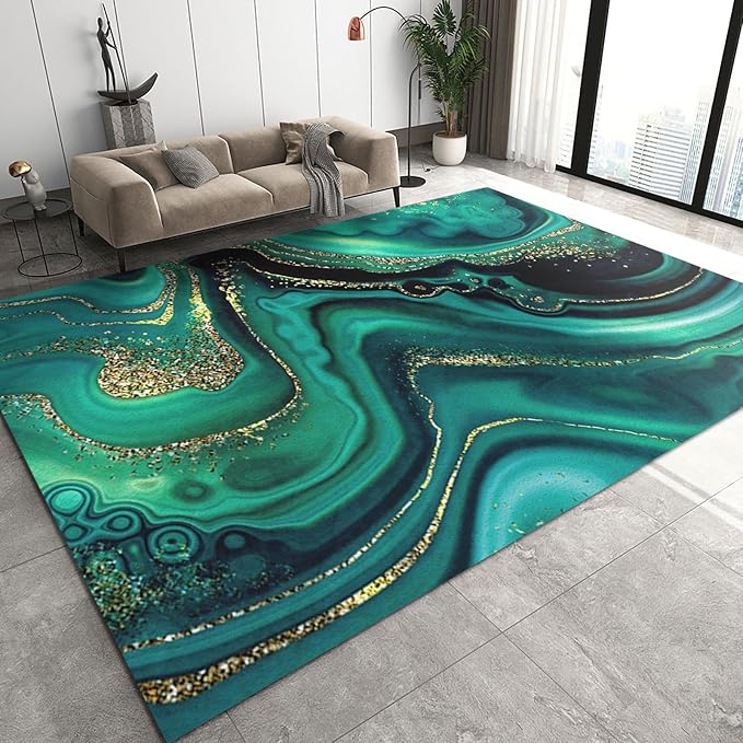 3x5 Area Rug Abstract Texture Marble Soft Washable Carpet, Emerald Green Gold Marble Texture Upholstery Rug with Non-Slip Backing for Kids Boys Girls Bedroom Living Room Dining Room Study