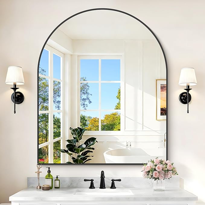 Arched Mirror, 40’’x48’’ Black Arch Mirror for Bathroom, Large Arched Bathroom Mirror with Frame, Modern Wall Mounted Mirror for Over Sink Mantle Bedroom Vanity Living Room Entryway