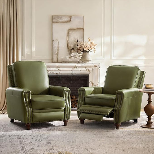 HULALA HOME Genuine Leather Recliner Chair Set of 2, Classic Push Back Recliner Armchair with Thick Seat and Backrest (Olive)