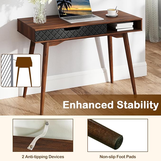 Giantex Mid Century Modern Desk, 42.5" Vintage Computer Desk with Storage Drawer & Rubber Wood Legs, Makeup Vanity Table, Wood Computer Workstation, Small Writing Desk for Bedroom, Small Space, Walnut