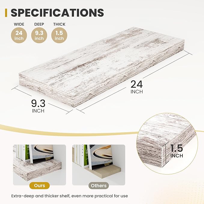 24 Inch Floating Shelves, 9.3" Deep Floating Shelf Wall Mounted, 24" Wall Shelves, Rustic Deep Bookshelf, Large Display Shelves & Storage Shelves for Bedroom, Living Room, Rustic, Set of 2