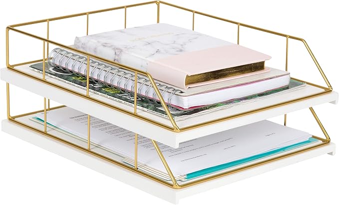 Kate and Laurel Benbrook Stacked Metal and Wood Letter Trays, White and Gold