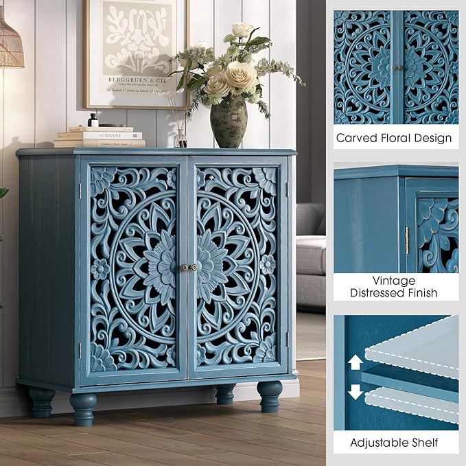Blue Accent Cabinet with Carved Doors, 31" Storage Cabinet for Entryway & Living Room, Vintage Sideboard Buffet Table with Adjustable Shelf, Solid Wood Legs, Boho Home Decor