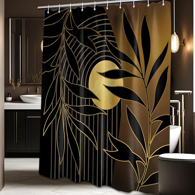 Black and Gold Boho Shower Curtain, Mid Century Modern Shower Curtains for Bathroom, Mens Bath Curtain Set, Waterproof Fabric with Hooks, 60" W x 72" L (Pack of 1)