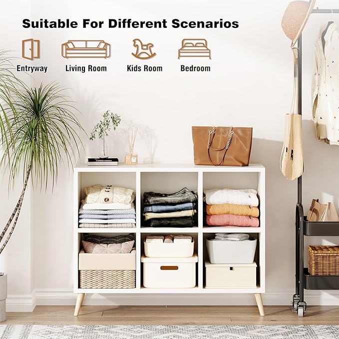 6 Cube Storage Organizer, Wood Bookcase with Legs, Modern Freestanding Cubby Shelving Unit, White Book Shelf Toy Storage Cabinet for Bedroom, Living Room, Kids Room, Fits 11 Inch Bins