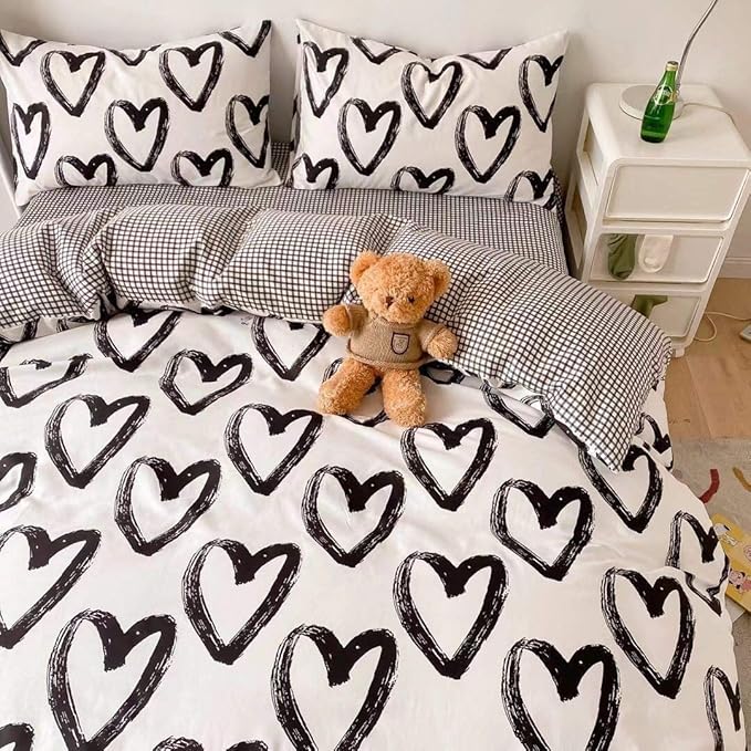 Pureant Love Comforter Set California King Black and White Comforter Cotton Boho Black Quilts Cal King Women Men Heart Shaped Comforters Boys Teens Kawaii Comforter Cute Soft White Bedding Love Heart