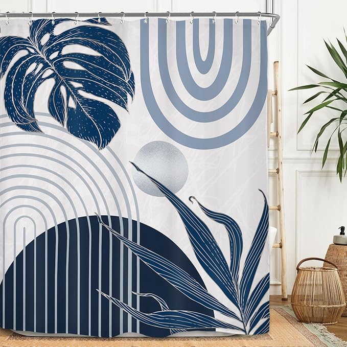 Miyotaa Abstract Blue Minimalist Shower Curtain Set 60Wx71H Inches Modern Aesthetic Mid Century Leaves Contemporary Neutral Plant Waterproof Bathroom Curtain with 12 Hooks