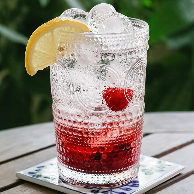 Hobnail Beaded Floral Clear Drinking Glasses Set of 6, (13 oz) Vintage Glassware Set by Kate Aspen| Cocktail Glass Set, Juice Glass, Water Cups | Great Hostess Gift & Gift for New Home Owners