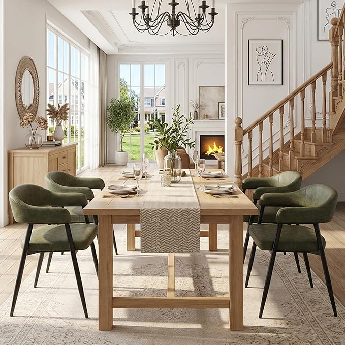 HNY Modern Dining Room Arm Chairs Set of 4, Green Retro Faux Leather Upholstered Barrel Dining Chairs with Arms Mid-Century Accent Chair with Metal Legs, Open-Back Kitchen Side Chairs for Living Room