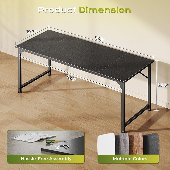 PRAISUN 55 Inch Computer Desk, Home Office Desk with Spacious Desktop, Modern Gaming Desk, Writing Study Table for Bedroom, Small Spaces, Work from Home Desk with Metal Frame, Black