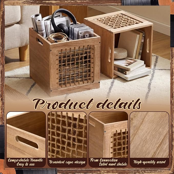 Geelin 2 Pack Stackable Wood Storage Bins with Handles 11 Inch 22l Cube Vinyl Record Storage Box Decorative Vintage Farmhouse Wood Rope Crate Basket Containers Organizing Bins for Toy Books Office