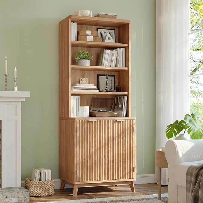 DurayLoly Tall Bookshelf, 6-Tier Bookcase with Fluted Doors & Adjustable Shelves, Mid-Century Cabinet, Modern Wooden Book Shelf for Home Office, Living Room, Kitchen, Light Oak