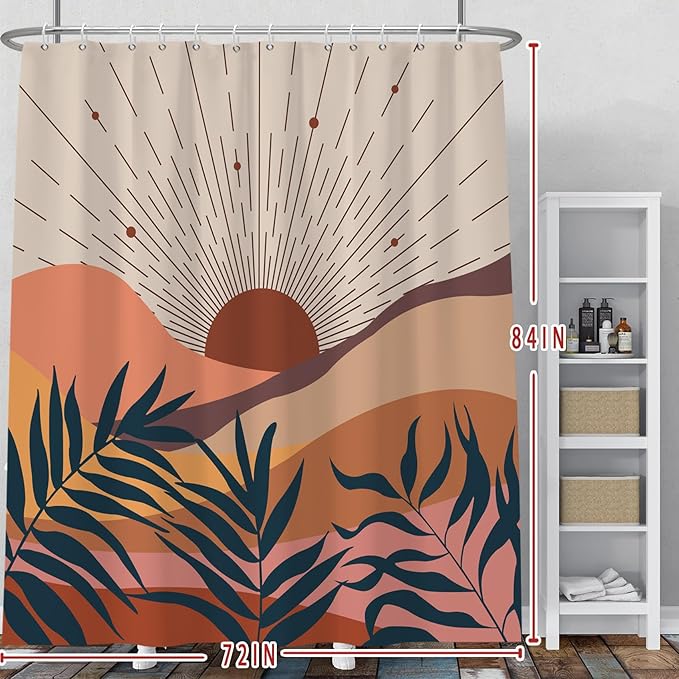 Baocicoo Boho Abstract Sun Shower Curtain Mid Century Sunrise Mountain Shower Curtain for Bathroom Minimalist Aesthetic Bathroom Decorations Waterproof Curtain for Bathroom with Hooks 72x84 Inches