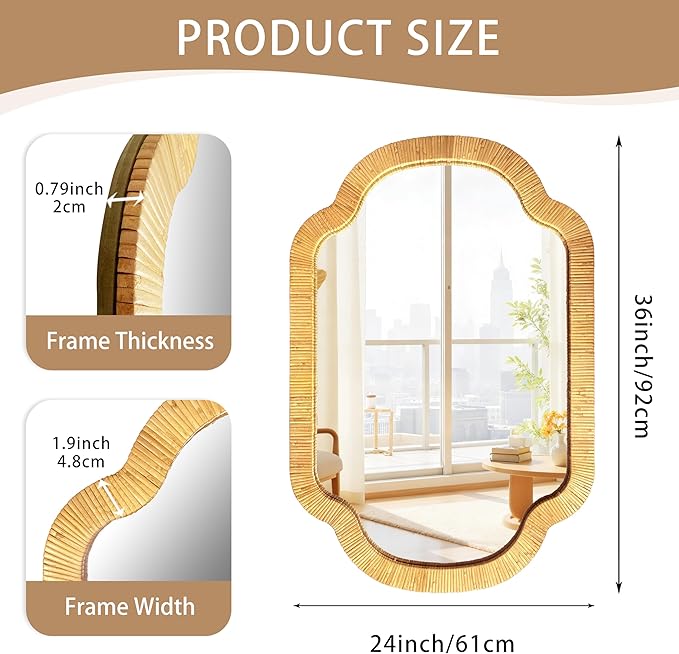 BAODANFU Natural Scalloped Rattan Wall Mirror, 24"×36" Hand-Woven Decorative Mirror for Entryway, Bathroom, Bedroom, Dining Living Room, French Vintage/Wabi-Sabi Home Decor, Horizontal/Vertical