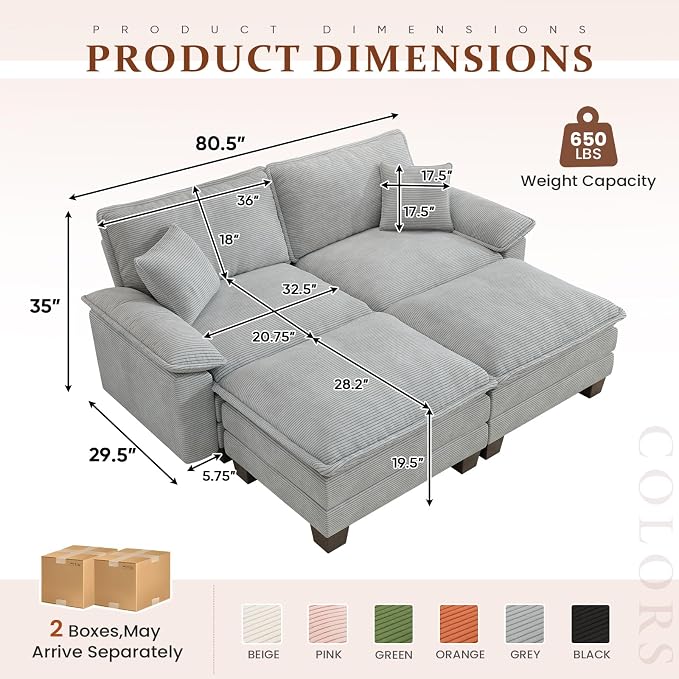 Modular Sectional Sofa Cloud Couch, Comfy Corduroy Loveseat with Ottoman Upholstered Deep Seat Sleeper Sofa Bed 2 Seater Couch Oversized Chaise Lounge Chair Indoor for Living Room Bedroom, Grey