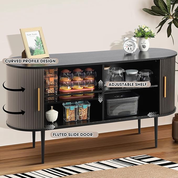Grepatio 55" Sideboard Buffet Cabinet with Fluted Slide Doors, Tambour Storage Cabinet with Shelves, Modern Credenza Sideboard Buffet Console Cabinets for Living Room Hallway Entryway (Black)