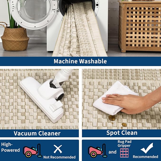 Washable Area Rug 9x12 Rug for Living Room Modern Plaid Large Area Rug for Bedroom Decor Farmhouse Non Slip Throw Rugs Low Pile Stain Resistant Carpet for Office Dining Room 9'x12' Beige