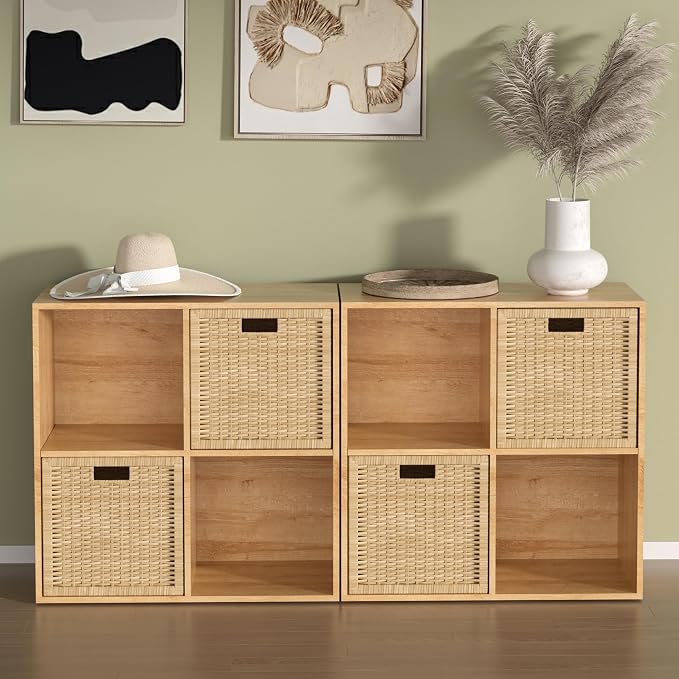 Wooden 4 Cube Storage Organizer with Closed Back Panel,White Cube Shelf Cubby Storage Organizers with Compartments for Living,Bookshelf,Organizers Easy to Install (Oak, 4 Cube)