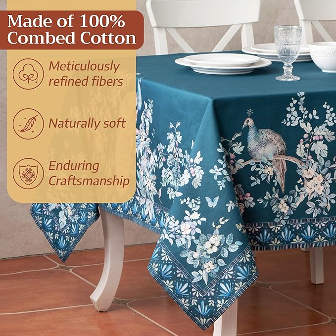 Maison d' Hermine Premium Table Cloth Rectangle Table 100% Combed Cotton 108 x 70 Inches Tablecloth Reusable Decorative for Dining Room, Farmhouse, Party, Festive & Wedding - Peacock Utopia - Deep Sea