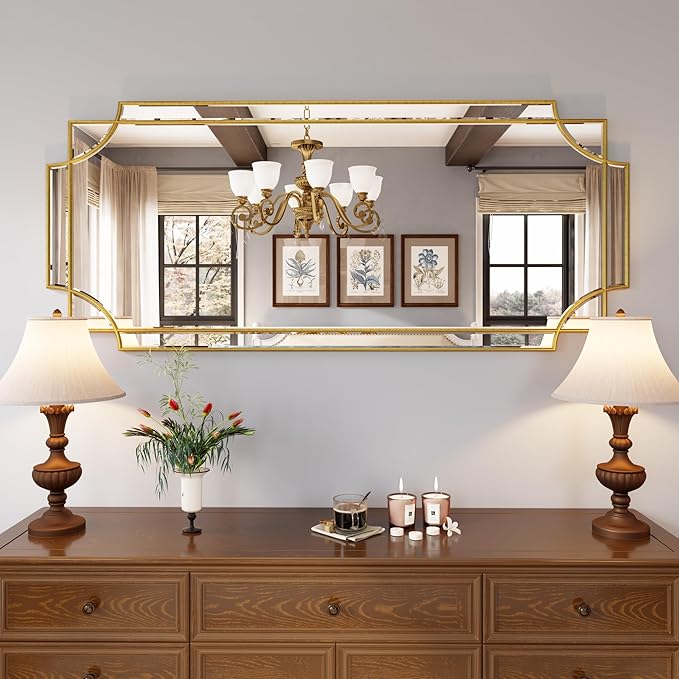 Kelly Miller Large Gold Mirror for Wall, 26"x52" Gold Decorative Mirror Wall Vanity Mirror Bevelled Full Length Mirror for Bathroom Living Room Bedroom Farmhouse Fireplace Entryway
