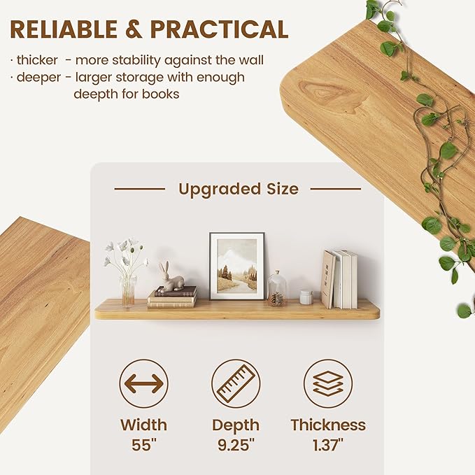 Reclaimed Elm Wood Floating Shelves for Wall Round Edge, 55"W x 9.2"D x 1.37"H, Set of 1 with Invisible Bracket, Wall Mounted Shelves for Living Room Bedroom Kitchen Bathroom Decor, Natural Finish