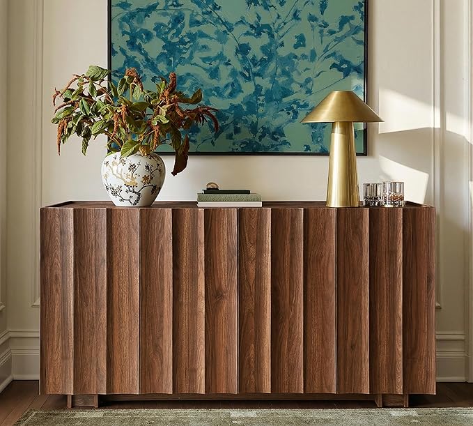 win2win 61.7" Buffet Cabinet with Storage, Mid Century Modern Sideboard with Wave Design, Wood Grain Finish, Credenza with Adjustable Shelves, Modular Cabinets for Living Dining Room Hallway, Walnut