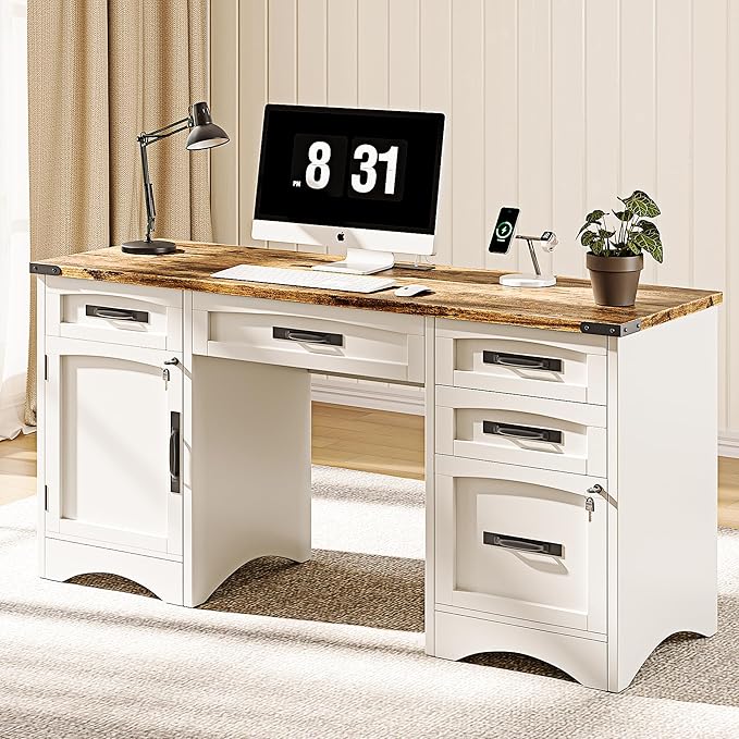 Decofy Farmhouse Executive Desk with Drawers, 55" Home Office Desks with Fast Charging Station, Lockable File Cabinet, Wood Writing Computer Desk for Work, Study, White