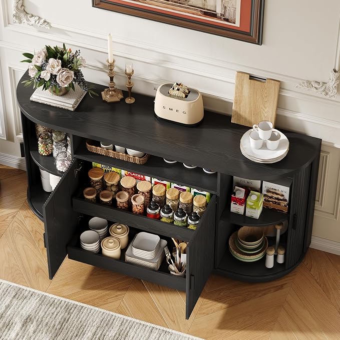 63" Sideboard Buffet Cabinet with Storage, Modern Fluted Accent Credenza with Sliding Doors, Drawers and Adjustable Shelves, Wood Coffee Bar Console Table for Kitchen, Living Room, Enrtyway (Black)