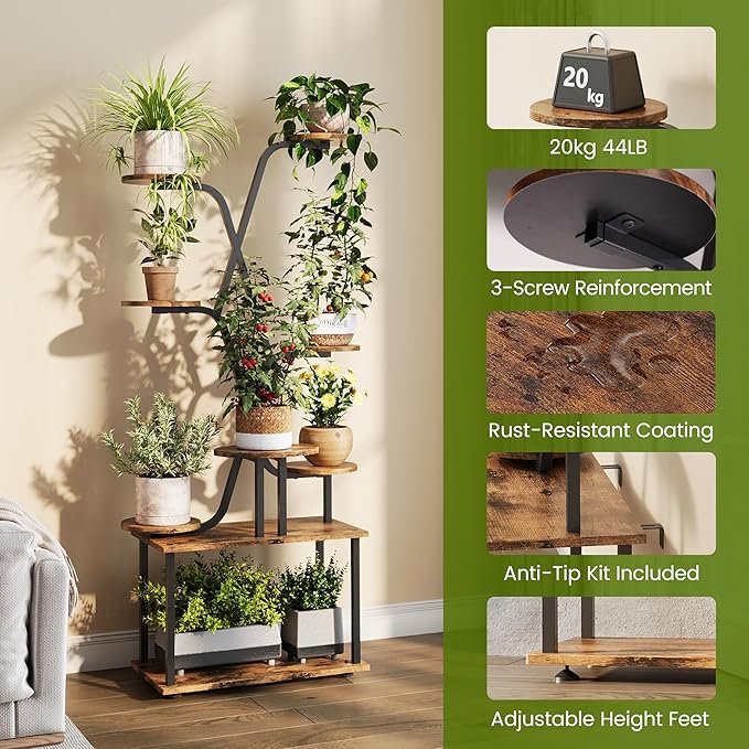 60" Tall Indoor Plant Stand, 9-Tiered Indoor Plant Stand for Large Plants, Metal Plant Stand Indoor with Grow Lights for Living Room, Balcony & Patio