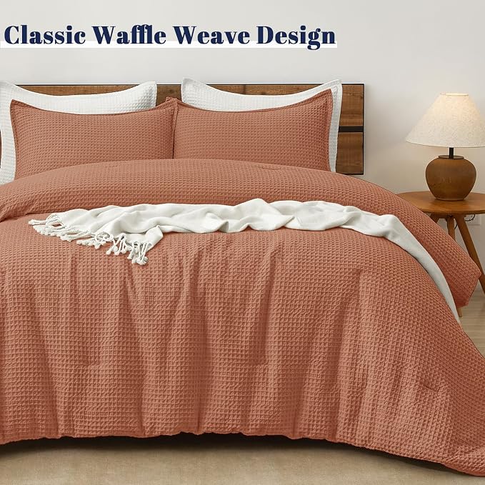 PHF Ultra Soft Waffle Weave Comforter Set King Size, 3 Pieces Lightweight Breathable Comfy Bedding Set, Comfy Textured 1 Comforter with 2 Pillow Shams, Terra Cotta