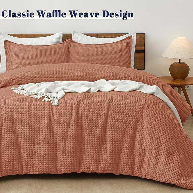 PHF Ultra Soft Waffle Weave Comforter Set Queen Size, 3 Pieces Lightweight Breathable Comfy Bedding Set, Comfy Textured 1 Comforter with 2 Pillow Shams, Terra Cotta