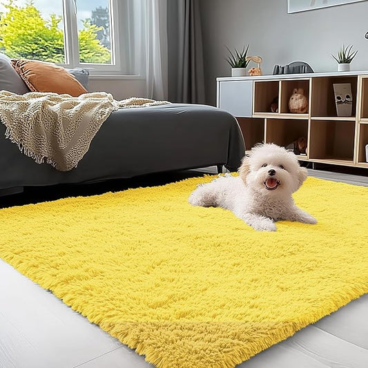 OLANLY 3x5 Machine Washable Small Bedside Rug, Soft Fluffy Shaggy Rugs for Living Room, Bedroom, Indoor Floor Carpet for Kids Girls and Boys, Preppy Dorms, Nursery, Home Decor Aesthetic, Yellow