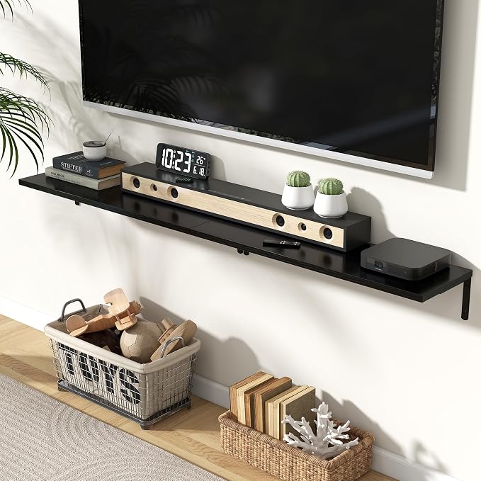 Fun Memories Deep Floating Shelves, 32W x 8D Floating Shelves Set of 2, Wall Mounted Shelf with Metal Brackets, Rustic Wood Wall Shelf for Bathroom, Kitchen and Living Room, Black
