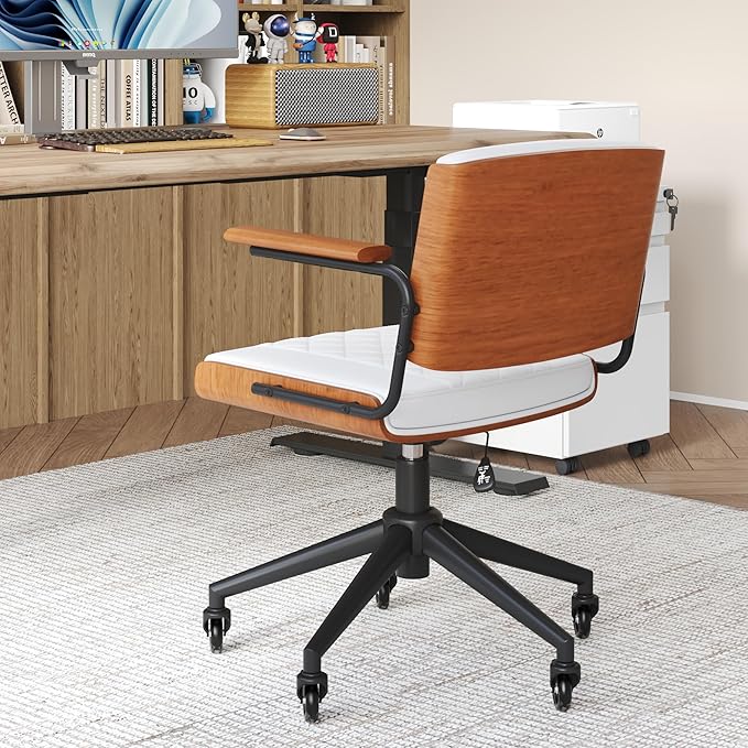 Ergonomic Office Chair with Rubber Wheels & Walnut Arms - PU Leather Mid-Back Desk Chair, Adjustable Height, Bentwood Backrest | Swivel Rocking Design for Home Office, Meeting Room, Study