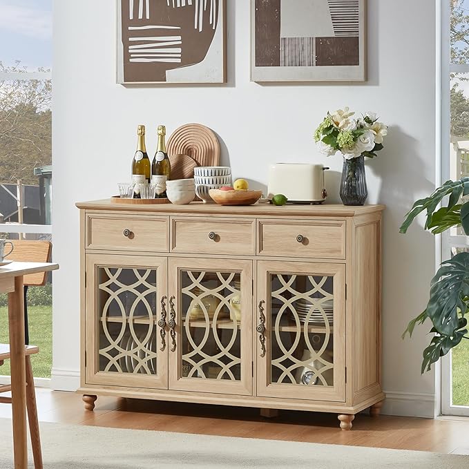 Farmhouse Sideboard Buffet Cabinet Set of 2 with Storage,48" Large Credenza with 3 Glass Doors & 3 Drawers,Adjustable Shelves Console Table,Wood Kitchen Coffee Bar for Dining Room,Natural