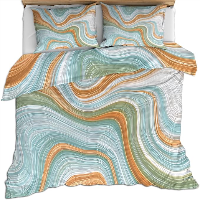 Modern Abstract Duvet Cover Twin Flowing Lines Gradient Bedding Set 2 Piece for Kids Bedroom Retro Marble Patterned Comforter Cover with Zipper Ties & 1 Pillowcases
