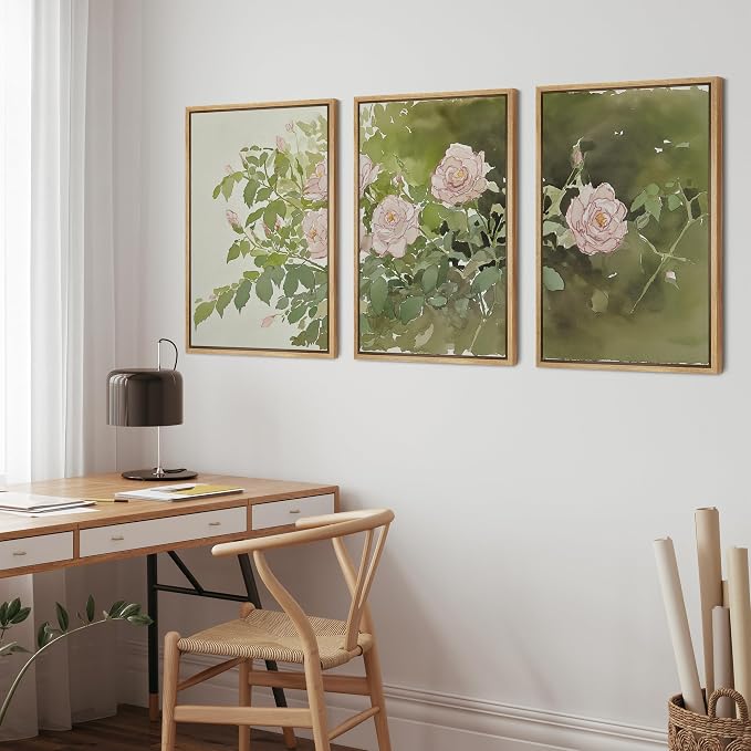 wall26 Framed Print Wall Art Set Blush Pink Rose Garden Botanical Decorative Minimal Relax/Zen for Living Room, Bedroom, Office - 24"x36"x3 Natural