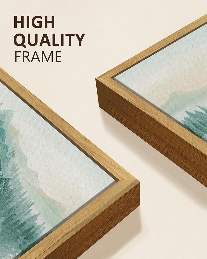 KUVIOKE Fog Pine Tree Mountain Landscape Framed Wall Art Watercolor Nature Misty Forest Painting Vintage Farmhouse Rustic Wall Decor for Bedroom Hallway 12x16in (Natural Framed)